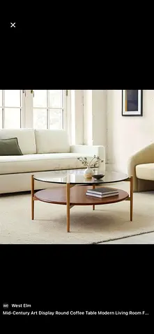 WEST ELM - Mid-century Round Glass Wood Coffee Table with Brass Legs (original price 2.5K)