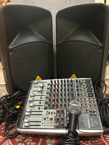 Complete Behringer PA Sound System – 2 Speakers, Mixer, Stands  Microphone