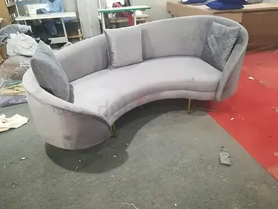 Curved Grey Velvet 3-Seater Sofa with Gold Legs