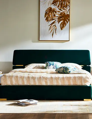Dark Green Upholstered King Size Bed with Headboard (Good Condition)