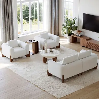 Modern white 3-piece sofa set with armchairs and coffee table