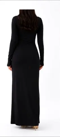 Plain Black Long Sleeve Maxi Dress - Comfortable Everyday Wear