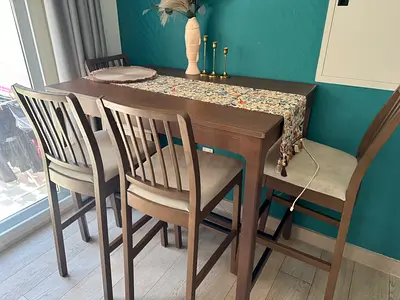 Wooden Dining Set with 4 Padded High Chairs
