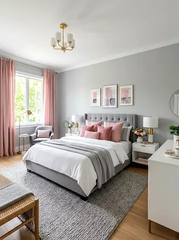 Grey upholstered queen bed with headboard (set)