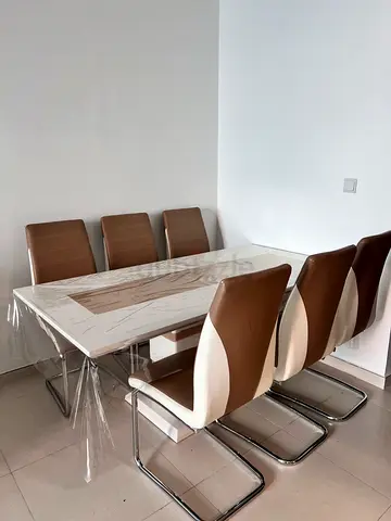 Dining Table with 6 Brown  White Chairs - Good Condition