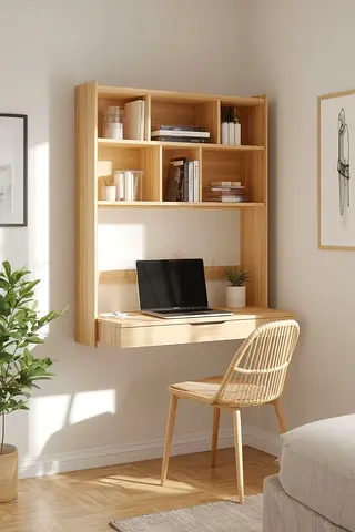 Wall-mounted floating desk with shelves - light wood, compact workspace
