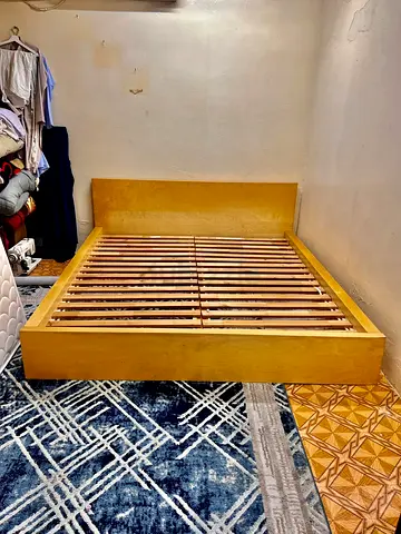 Solid wood low platform double bed frame with slats - mustard finish