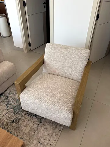 Modern Boucle Armchair with Wooden Frame.