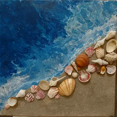 Handmade Framed Beach Art with Real Seashells and real sand- Ocean Wave Wall Décor