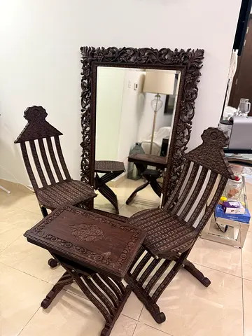 Carved Wooden Folding Chairs with Matching Table and Ornate Mirror - Set of 4
