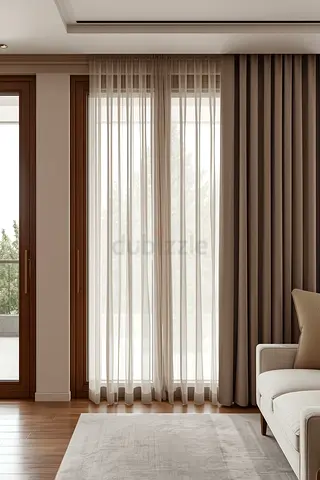 Pair of Brown Floor-to-Ceiling Curtains with Sheer Panels