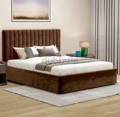 Modern Upholstered Velvet Bed Frame with Padded Headboard - Queen/King (Brown)