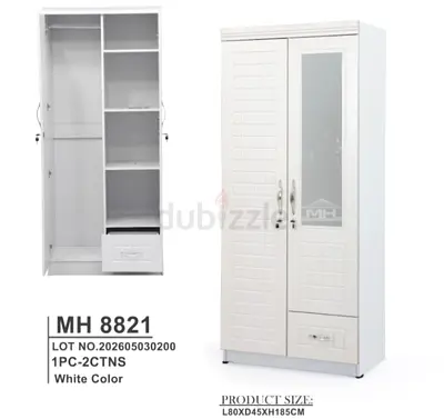 White 2-Door Wardrobe with Drawer and Mirror - 185cm Height