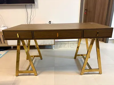 Wooden Desk with Gold Trestle Legs and 3 Drawers - Good Condition