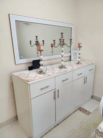 White Sideboard Cabinet with Mirror and Candle Holders