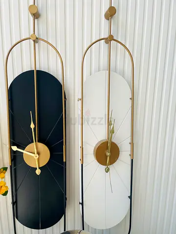 Pair of Modern Gold Frame Wall Clocks — Black  White