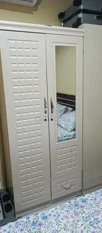 Beige 2-Door Wardrobe with Mirror and Drawer - Good Condition