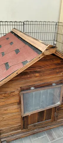 Wooden outdoor dog house with sloped shingle roof - good condition