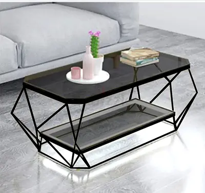 Modern Geometric Glass Coffee Table with Lower Shelf - Black Frame