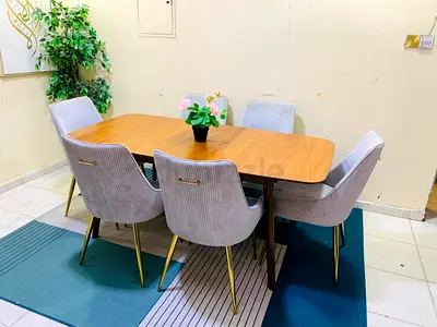 Wooden Dining Table with 6 Upholstered Velvet Chairs - Good Condition Free delivery