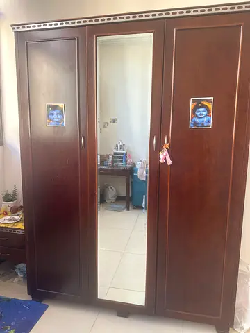 Solid Wood 3-Door Wardrobe with Mirror - Good Condition