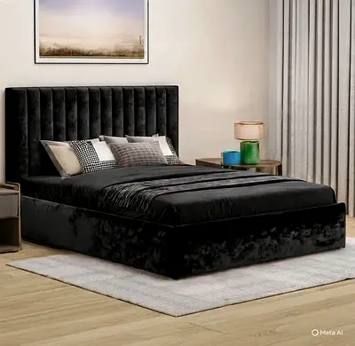Brand new Black Velvet Double Bed with Tall Vertical Channel Headboard