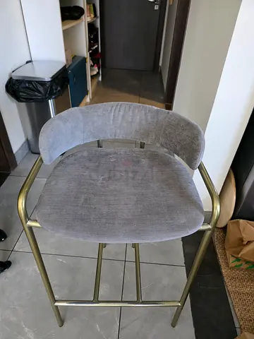 Grey Upholstered Bar Stool with Brass Frame - Good Condition