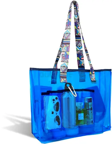 Clear Plastic Tote Bag with Nice Pattern Straps – Waterproof  Durable Beach, Gym, Travel, Stadium