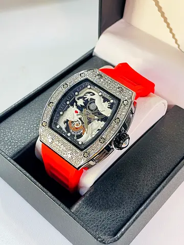 Skeleton Dial Diamond-Style Watch with Red Rubber Strap