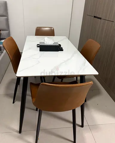 Marble-top Dining Table with 4 Brown Leather Chairs - Excellent Condition