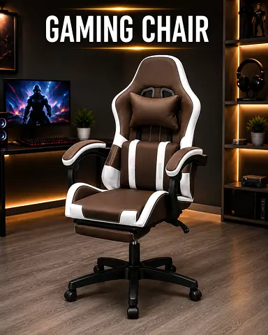Brown  White Gaming Chair with Footrest – Height Adjustable Ergonomic Gaming Chair