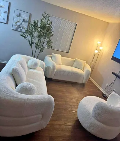Modern White Curved 3-Piece Sofa Set (Sofa, Loveseat, Swivel Chair)