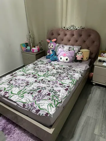 Single upholstered bed having width 120cm  length 200 cm with tufted headboard and bedside tables
