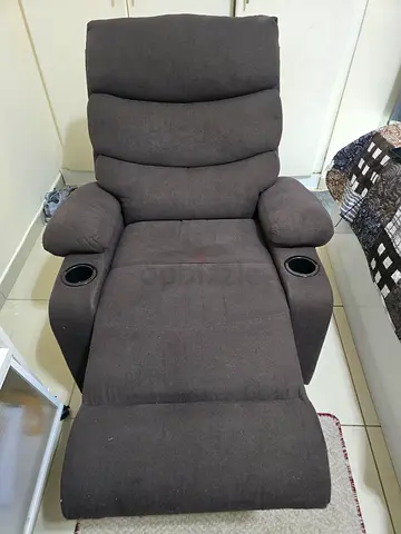 Single Brown Fabric Recliner Chair with Cup Holders - Good Condition