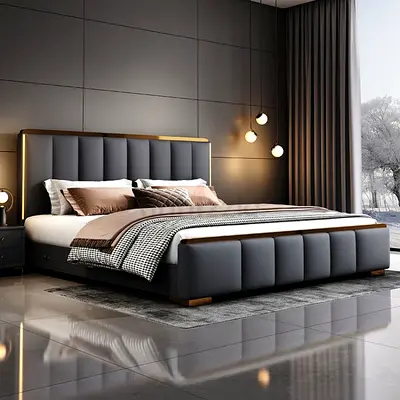 Elegant Modern Design King Size Bed Frame With Medical Mattress. Golden Stripe Bed Frame
