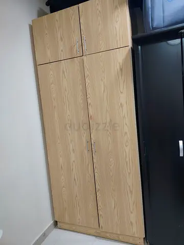 Light wood 2-door wardrobe with top cabinets - good condition