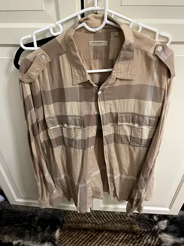 Authentic Burberry Beige Striped Button-Up Shirt, Size L