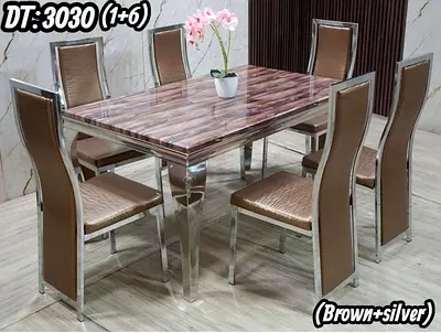Modern 6-Seater Dining Table Set (1+6) Brown  Silver