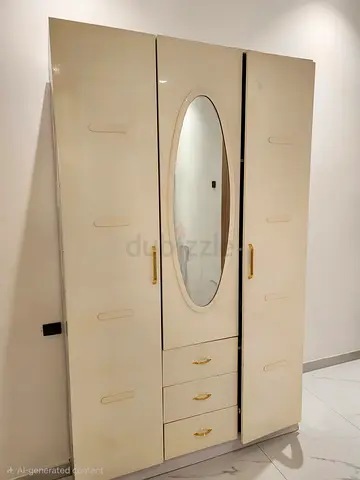 Cream 3-Door Wardrobe with Oval Mirror and Drawers - Good Condition