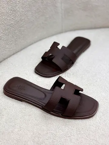 Hermes Brown Leather-Style Slide Sandals,