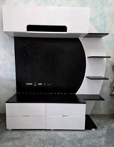 Black White Modern Entertainment TV Unit with Shelves and Drawers