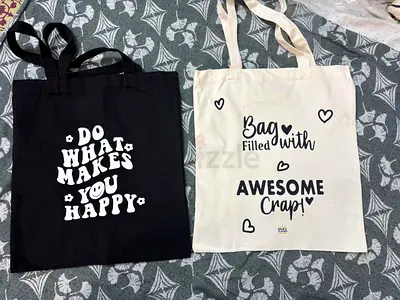 Set of 2 Printed Cotton Tote Bags – Black  Cream, Reusable