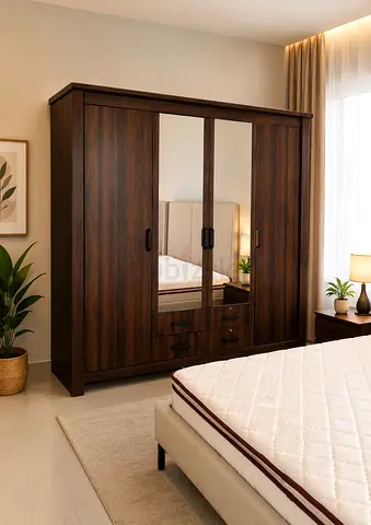 Dark Wood 4-Door Wardrobe with Mirrored Center Doors and Drawers