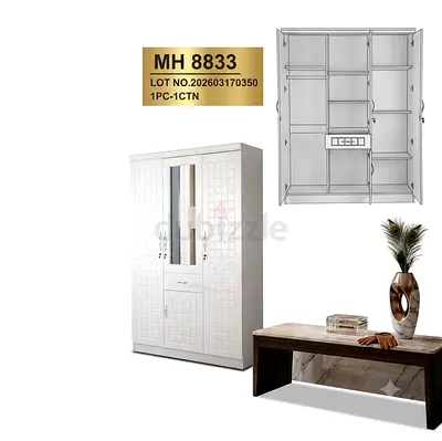 White 3-Door Wardrobe with Mirror and Drawer