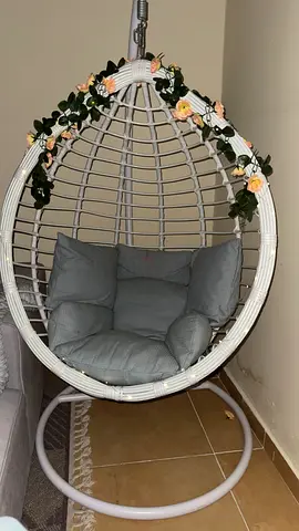 Luxury Hanging Egg Chair Swing | White Rattan | Indoor  Outdoor | With Cushions  Stand