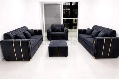 Modern Velvet 2+2+1 Sofa Set with Ottoman - Dark Grey  Gold Accents