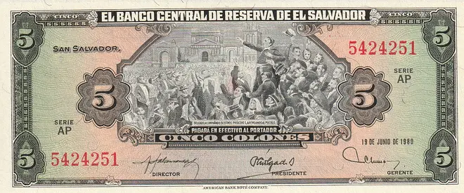 EL SALVADOR 5 COLONES BANKNOTE 1980