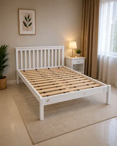 Modern White Wooden Bed Frame with Slatted Headboard