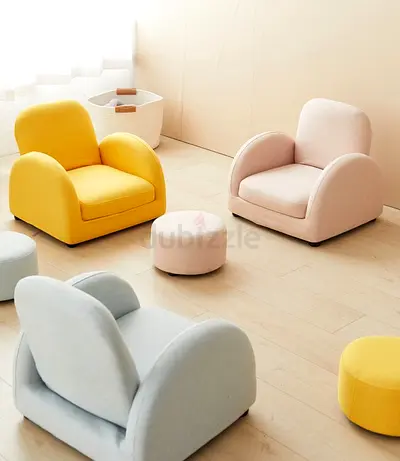 Set of 3 Kids Lounge Chairs with 2 Poufs - Pastel Yellow, Pink, Blue