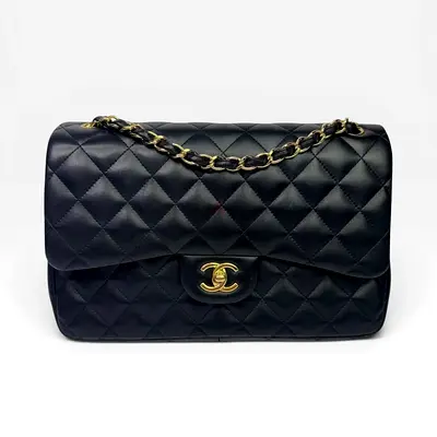 AUTHENTIC CHANEL BLACK LAMBSKIN LEATHER JUMBO CLASSIC DOUBLE FLAP GOLD HARDWARE